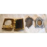 A micromosaic miniature photograph frame, two others and a small mesh purse