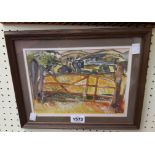 Alan V: a framed watercolour, depicting a field gate - signed and dated 96