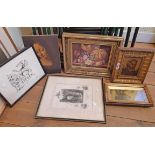 A selection of small decorative pictures and prints including H. Pole box framed river landscape,