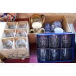 Two boxes of six drinking glasses (not matching), three pieces of Honiton pottery and two Doulton