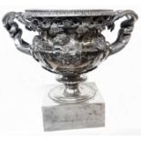 A 15" 19th Century silver plated pedestal bowl with ornate Bacchanalian and acanthus decoration,