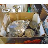 A box containing a quantity of silver plated items including pair of perspex column candlesticks,