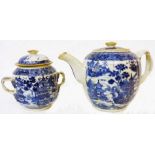 A Chinese export blue and white teapot and sucrier with hand painted Willow pattern and double twist