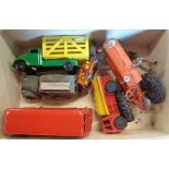 A small box of vintage die cast and other cars including Tri-ang Minic clockwork van, etc.