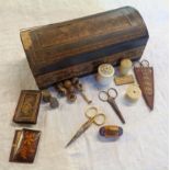 A Tunbridge ware glove box by T. Barton of Little Nye (damage) containing various antique sewing