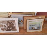 Four oriental themed pictures and prints, including Stevens gilt framed watercolour of Chinese junks