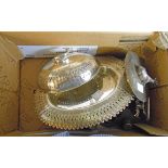 A quantity silver plated items including lids with cow pattern knops, candle sconces and wine