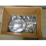 A box containing a quantity of silver plated kings pattern and other cutlery and a footed bowl