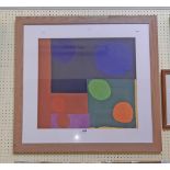 A large framed unsigned abstract form print with polychrome circular and block shaped