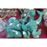 Ten assorted Anglia Pottery green glazed figurines - some damage