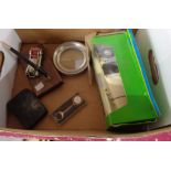 A boxing containing assorted motoring collectables including a Mercedes Benz keyring, Lesney pen