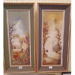A pair of vintage gilt and material slipped framed narrow oil paintings on canvas, one depicting a