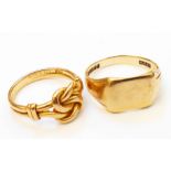 Two 9ct. gold rings comprising signet with blank cartouche and lover's knot pattern