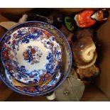 A box containing assorted ceramics including Ridgways junket set, Poole pottery shell, West German
