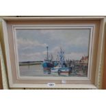 Hugh Knollys: a painted and hessian framed acryllic on board entitled "Fishing Boats Blyth" - signed