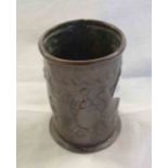 A Newlyn copper Arts & Crafts Movement small spill vase, hand beaten with embossed fish and sea-