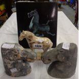 Two Chinese Tang horse heads, another horse figure, and a book 'The Genius of China'