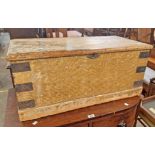 A 33" Victorian pine lift-top box with iron strap corners and remains of original grained finish -