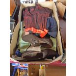 A Box Containing Assorted Vintage Fashion Items Including Embroidered Dress, Shoes, etc.