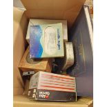 A box containing a quantity of assorted fishing items including Hardy's St. John fly reel, fly case,