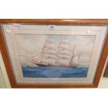 Pelham Jones: a maple framed maritime watercolour entitled "Crescent", American three masted sailing