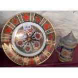 A Burtondale bone china plate decorated in the Imari style - sold with a German stoneware pewter