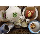 A box containing assorted china including blue and white transfer printed jug, Crown Derby cups,