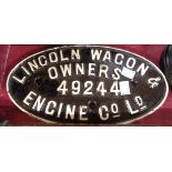 An original Lincoln Wagon and Engine Co Ltd Railway Wagon Plate - Plate No 49244