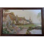 R. D. Sherrin: an oak framed gouache, depicting a cottage and garden with pond in foreground -