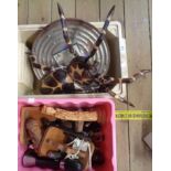 Two boxes containing assorted collectable items including large wooden tarantula model, news reel