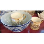 Two Fieldings Crown Devon George V coronation mugs and a blue and white bowl - various condition