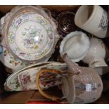 A box containing assorted ceramics and glass including Masons, Aynsley, etc.