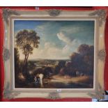 A 20th Century parcel gilt and hessian framed oil on canvas, depicting figures in a woodland