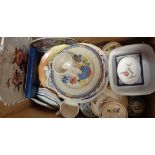 A box containing assorted china including Fieldings Crown Devon jam pots and stands, Portmeirion