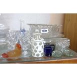 Various glass bowls, cased glass scent bottle (lid broken), paperweights, glasses, etc.