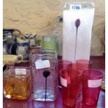 Assorted glassware including three square form vases with internal bubble and trail decoration,