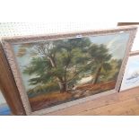 A parcel gilt framed relined 19th Century oil on canvas, depicting a woodland track with horseman
