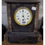 A late Victorian black slate and marble cased mantel timepiece - no pendulum, one side piece