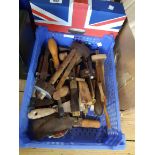A collection of old woodworking tools including brass mounted hardwood scribe and others bearing