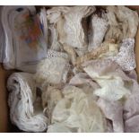 A box containing quantity of vintage lace and handkerchiefs