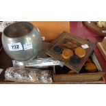 A wooden part draught set in Tunbridge ware box - sold with pewter goblet, etc.