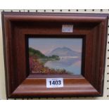 Donald Ayres: a small stained wood framed oil painting on panel, depicting a view Lock Lomond