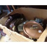 A box containing assorted metalware, including small copper saucepans with lids, brass box, etc.