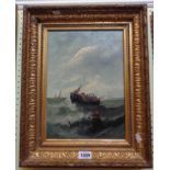 An ornate gilt gesso framed oil on canvas, depicting a fishing boat on choppy seas - 13 1/2" X 9 1/