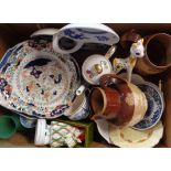 A box containing a Doulton Gladstone memorial jug, harvest ware jug, pair of Worcester plates,