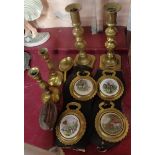 A box containing assorted metalware including brass candlesticks, Ronson table lighter, horse