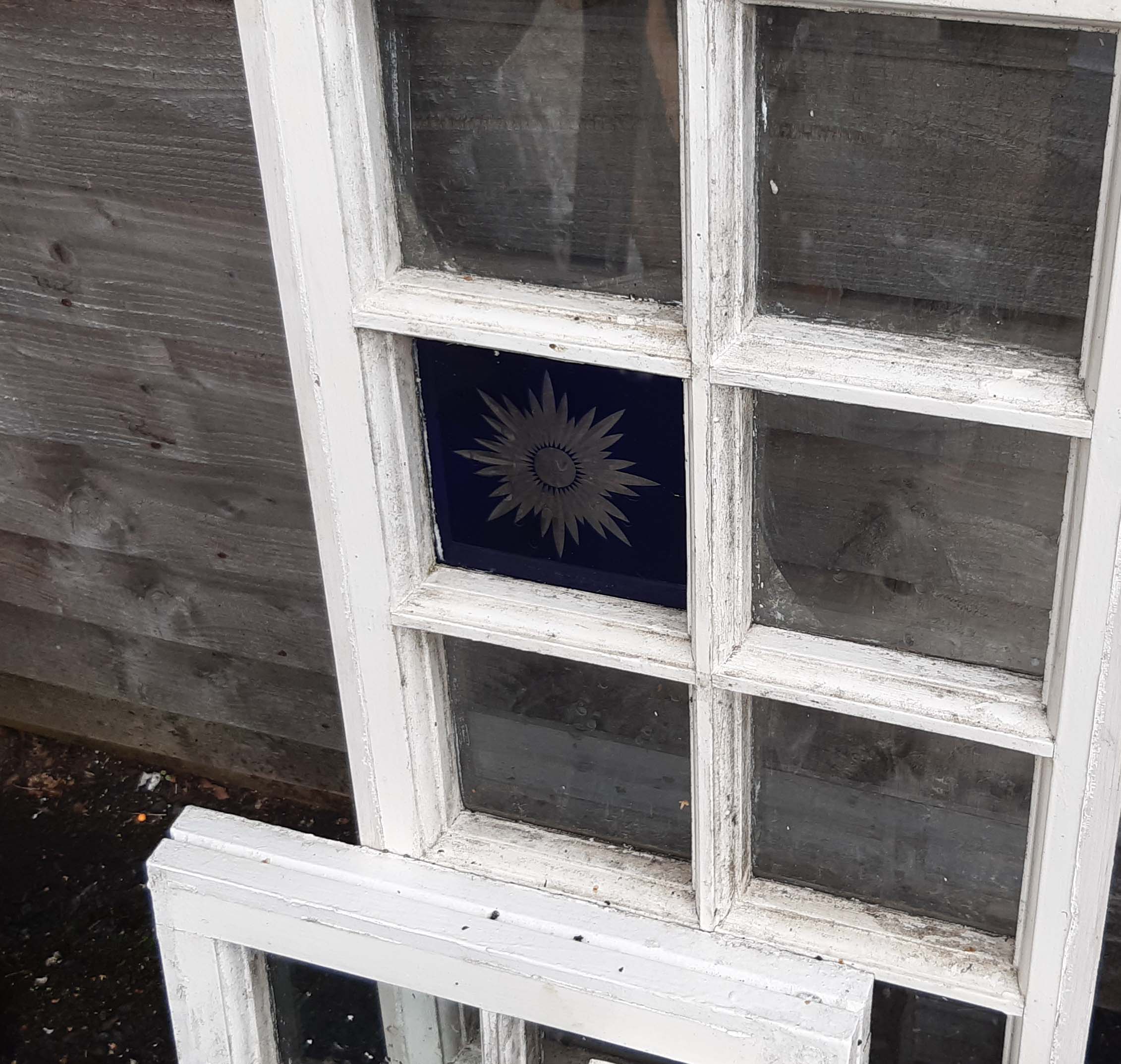 Five old casement windows, some with blue stained panels - Image 3 of 4