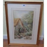 Birbeck: a gilt framed watercolour, depicting a watermill in a wooded landscape - signed - 17 1/4" X
