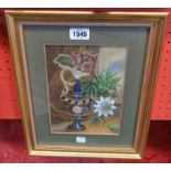 A gilt framed highly detailled watercolour still life with antique ewer, clematis and drapes - 8 1/