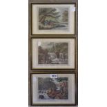 A set of three small Hogarth framed late 18th Century hand coloured engravings, depicting pike,